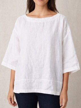 Pure Jill White Linen Boxy Boat Neck Side Slit Top Large